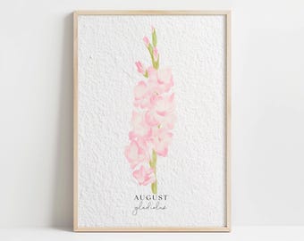 Watercolor August Gladiolus Birth Month Flower Vintage Floral Art Print, Minimalist Home Decor, Botanical Illustration Wall Poster