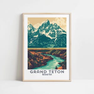 Grand Teton National Park Vintage Retro Reise Wand Kunst Poster, Wyoming National Park Kunstdruck, Malerische Landschaft Wand Dekor, Wandern Dekor