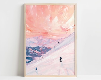 Winter Ski Landscape Art | Sunset Mountain Scene | Pink and Blue Snowy Digital Painting for Modern Home or Cabin Decor