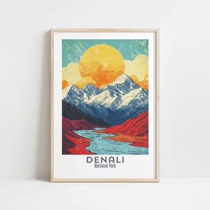 Denali National Park Vintage Retro Travel Wall Art Poster, Alaska National Park Art Print, Scenic Landscape Wall Decor, Hiking Decor