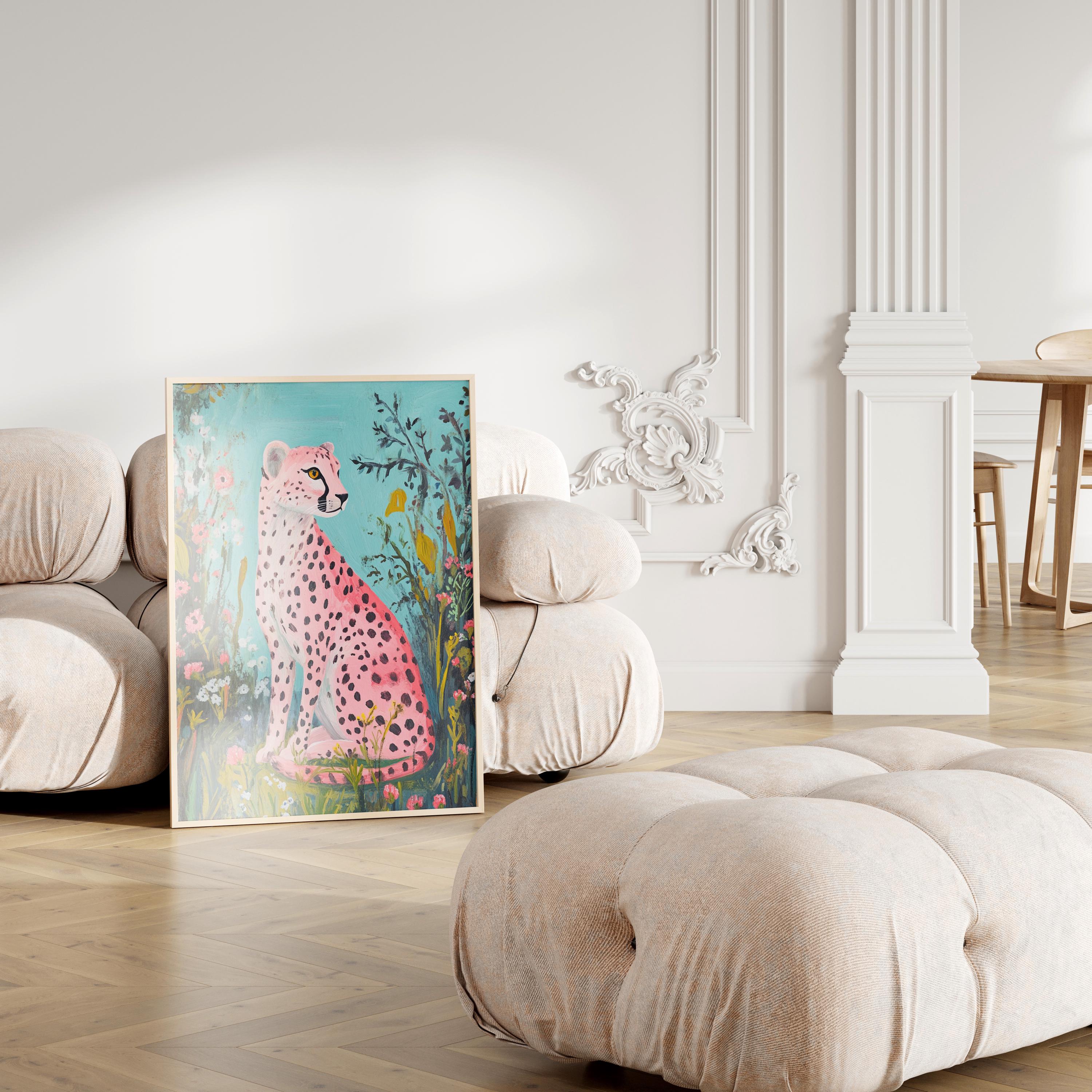 Pink Cheetah Colorful Wall Art Print, Floral Landscape Wall Art, Animal ...