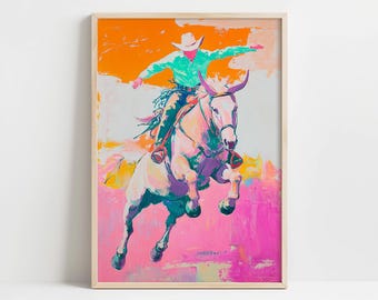 May include: A colorful painting of a cowboy riding a white horse. The cowboy is wearing a blue shirt and a brown hat. The horse is jumping in the air, and the background is a mix of orange, pink, and yellow.