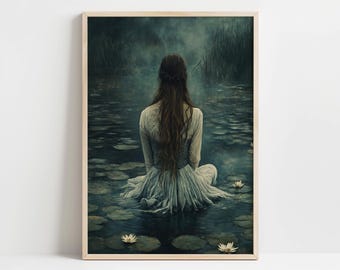Ophelia Dark Academia Print, Shakespeare Gothic Moody Victorian Wall Art, The Lake Dark Aesthetic, Whimsigoth Print, Dark Cottagecore Decor
