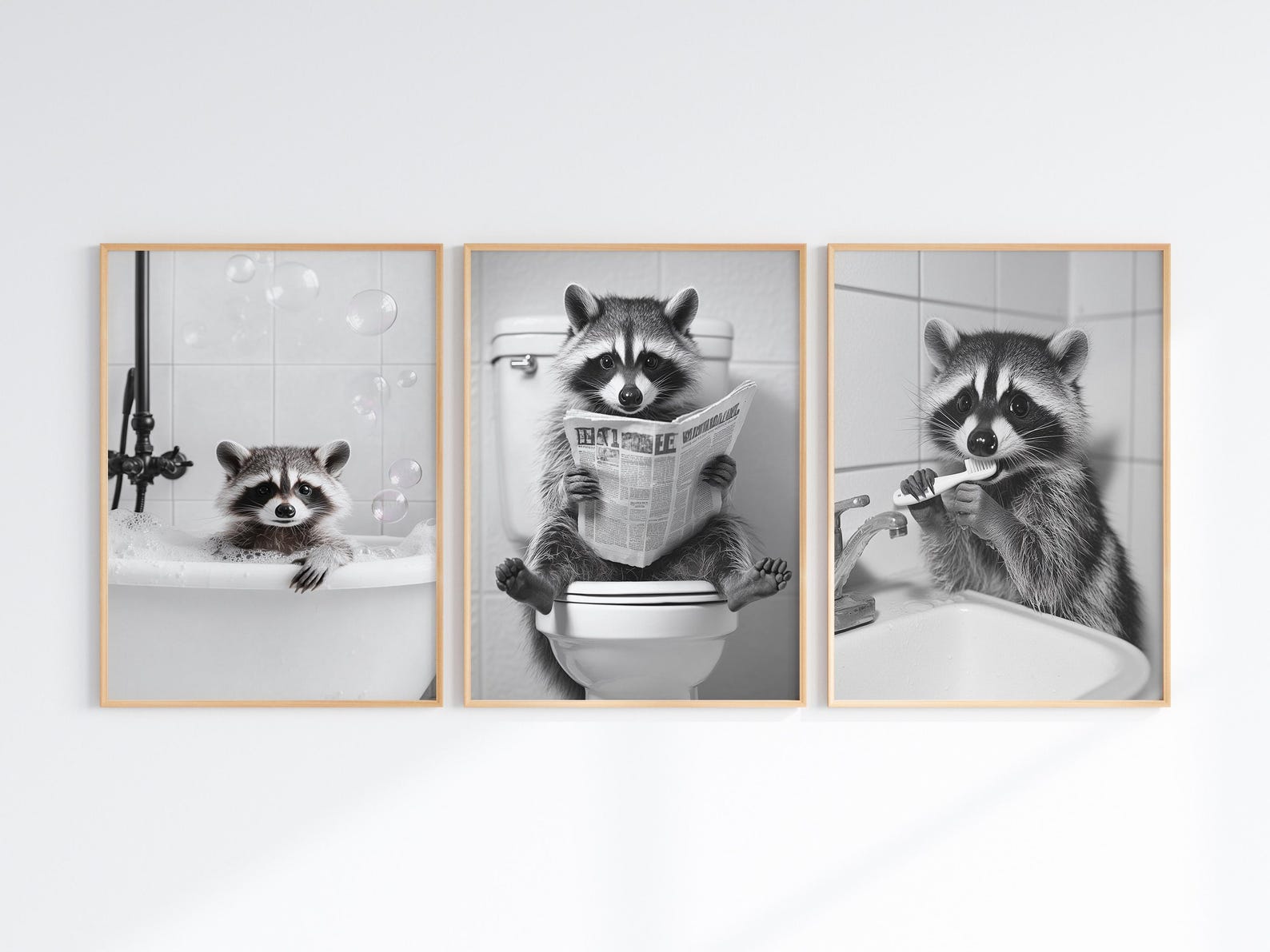 Set of 3 Funny Raccoon Bathroom Wall Art Prints, Black and White Cute ...