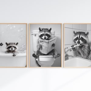 3er Set Lustiger Waschbär Badezimmer Wand Kunst Drucke, Schwarz Weißer niedlicher Tier Badezimmer Wand Poster, Waschbär benutzt Toilette, Digitaler Download