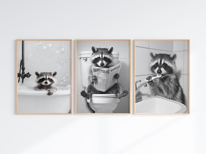Set of 3 Funny Raccoon Bathroom Wall Art Prints, Black and White Cute