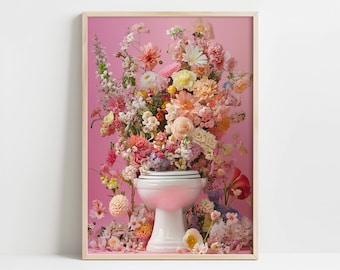 Floral Bathroom Print, Eclectic Flower Toilet Maximalist Wall Art Poster, Preppy Whimsical Bathroom Painting, Retro Girly Wall Art Print