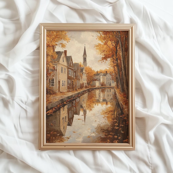 New England Fall Town Art, Autumn Village Canal Painting, Historic Church Street Print, Cozy Colonial Cottage Decor