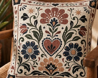 May include: A square throw pillow featuring a woven tapestry design on a cream background. The pattern displays a central heart surrounded by symmetrical floral motifs, leaves, and star accents in shades of terracotta, navy blue, and dark green.