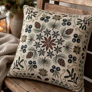 May include: A square throw pillow featuring a woven tapestry design on a cream-colored background. The pattern displays a symmetrical arrangement of brown pinecones, green pine needles, dark blue berries, and small floral motifs.