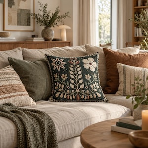 May include: A square throw pillow featuring a dark green fabric base with an embroidered botanical pattern in cream, rust, and sage green. The design includes a central vertical stem with symmetrical leaves, flanked by stylized flowers.