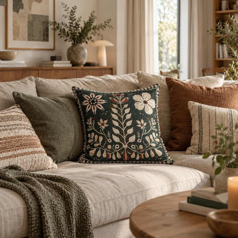 May include: A square throw pillow featuring a dark green fabric base with an embroidered botanical pattern in cream, rust, and sage green. The design includes a central vertical stem with symmetrical leaves, flanked by stylized flowers.