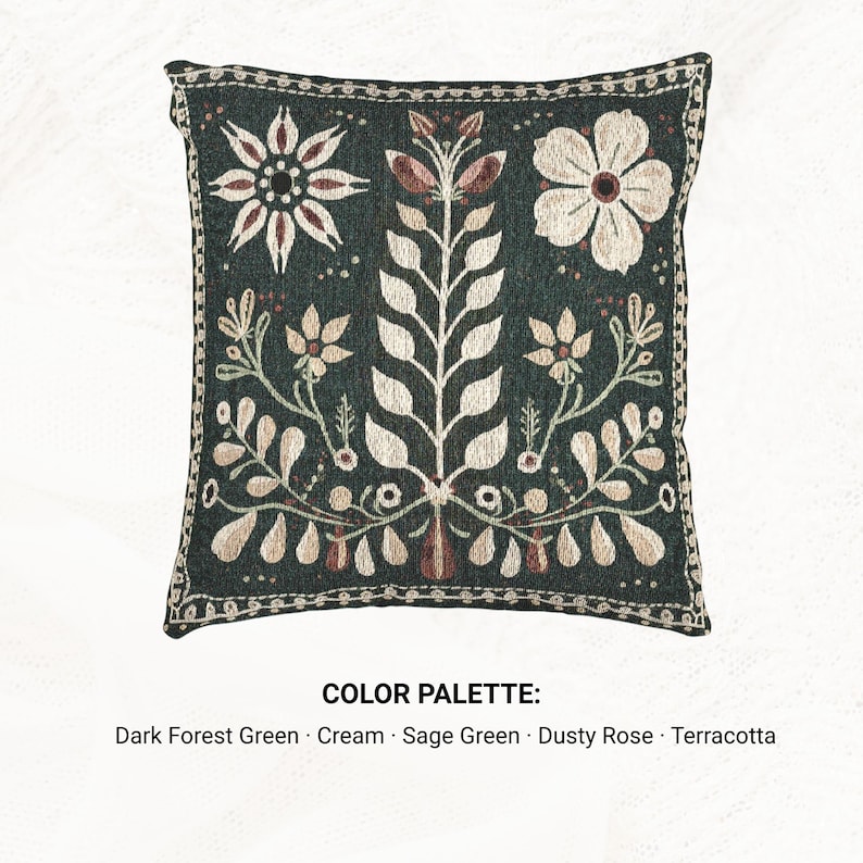May include: A square throw pillow featuring a dark forest green background with a cream, sage green, dusty rose, and terracotta floral pattern. The design includes a central leafy stem flanked by flowers and leaves, with a decorative border.