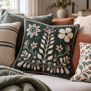 May include: A square throw pillow featuring a dark green fabric base with an embroidered botanical pattern in cream, light brown, and muted red. The design includes a central vertical stem with leaves, flanked by stylized flowers.