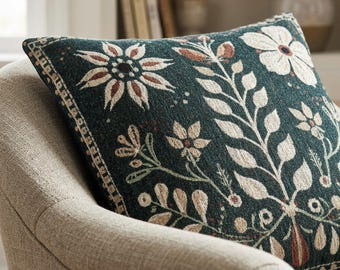 May include: A square throw pillow featuring a dark teal background with a woven pattern of cream and rust-colored flowers, leaves, and stems. The design includes a decorative border along the left edge, showcasing a repeating geometric motif.