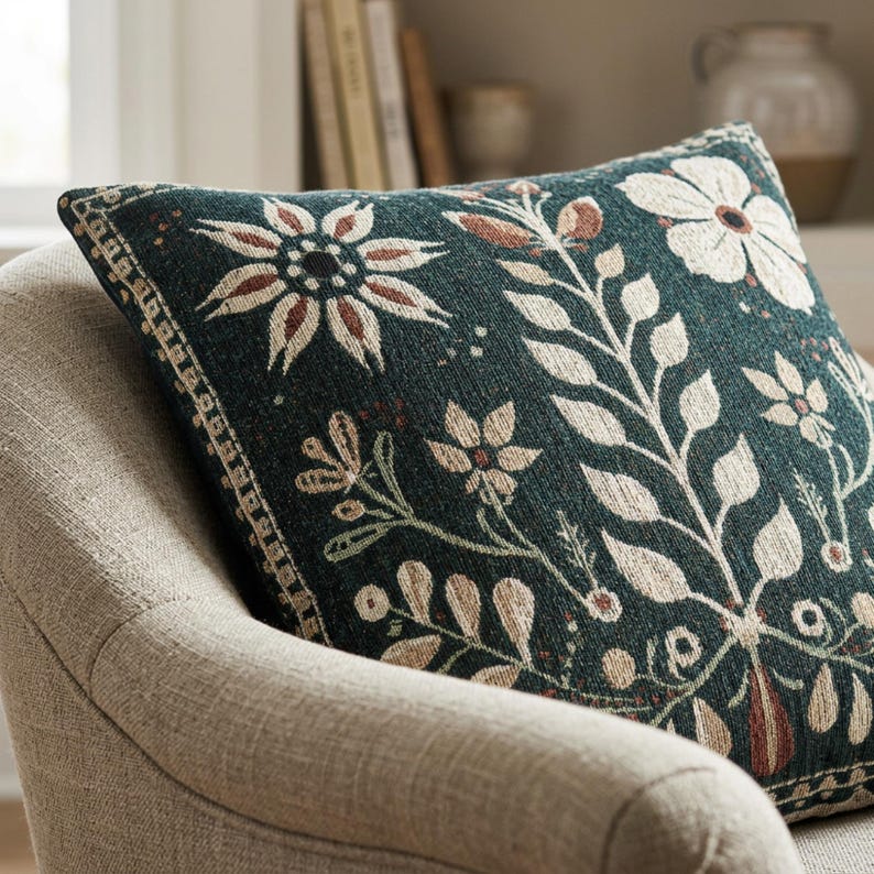 May include: A square throw pillow featuring a dark teal background with a woven pattern of cream and rust-colored flowers, leaves, and stems. The design includes a decorative border along the left edge, showcasing a repeating geometric motif.