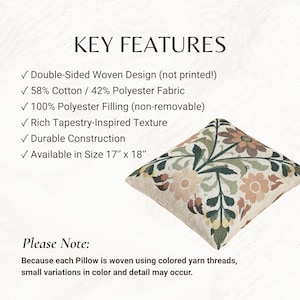 May include: A square throw pillow featuring a woven floral pattern in shades of green, orange, and cream. The text lists key features including a double-sided woven design, 58% cotton and 42% polyester fabric, 100% polyester filling, and a 17" x 18" size.