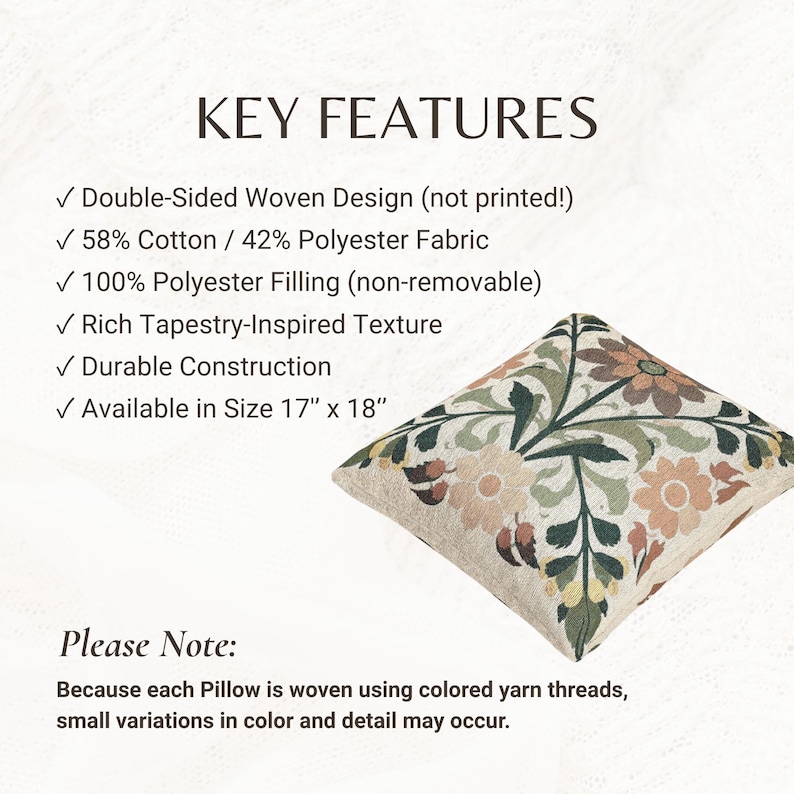 May include: A square throw pillow featuring a woven floral pattern in shades of green, orange, and cream. The text lists key features including a double-sided woven design, 58% cotton and 42% polyester fabric, 100% polyester filling, and a 17" x 18" size.
