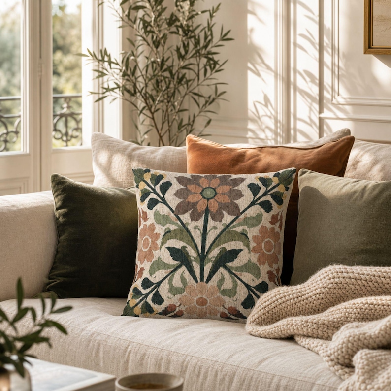 May include: A square throw pillow featuring a symmetrical floral pattern in muted shades of peach, sage green, and dark teal on a cream background, positioned among solid-colored velvet pillows in olive green and burnt orange on a sofa.
