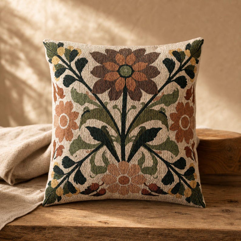 May include: A square throw pillow featuring a woven floral pattern on a cream-colored background. The design includes large central flowers in shades of rust, brown, and light orange, accented by dark green leaves and stems arranged in a symmetrical layout.