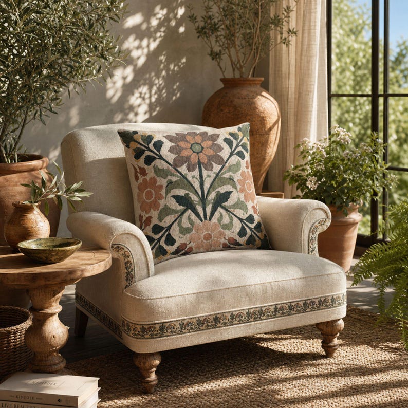 May include: An upholstered armchair with a cream-colored fabric featuring a dark green and brown floral border along the base and arms. A square throw pillow rests on the seat, displaying a symmetrical floral pattern in muted orange and green.