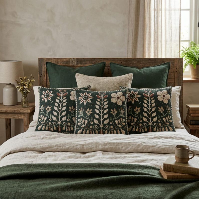 May include: Three square throw pillows featuring a dark green background with a symmetrical cream and brown floral and botanical embroidery pattern. The pillows are arranged on a bed with a light beige duvet and a dark green throw blanket.