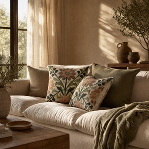 May include: A collection of square throw pillows arranged on a light-colored sofa. Two pillows feature a symmetrical floral pattern in shades of orange, green, and cream, while two solid-colored pillows in olive green and tan complete the set.