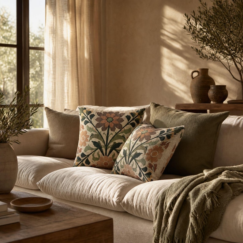 May include: A collection of square throw pillows arranged on a light-colored sofa. Two pillows feature a symmetrical floral pattern in shades of orange, green, and cream, while two solid-colored pillows in olive green and tan complete the set.