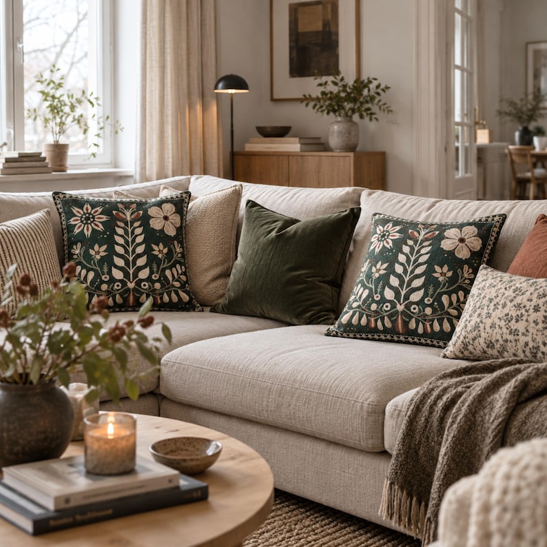 May include: A beige sectional sofa featuring two square throw pillows with dark green fabric and cream-colored floral embroidery, a solid olive green velvet pillow, a striped pillow, and a small floral print pillow with a textured throw blanket.
