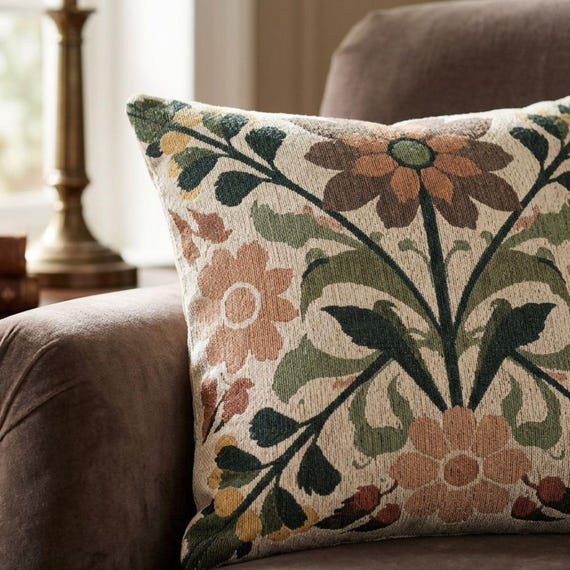 Woven Floral Couch Cushion, Scandinavian Folk Art Tapestry Pillow, Vintage Botanical Jacquard Home Decor