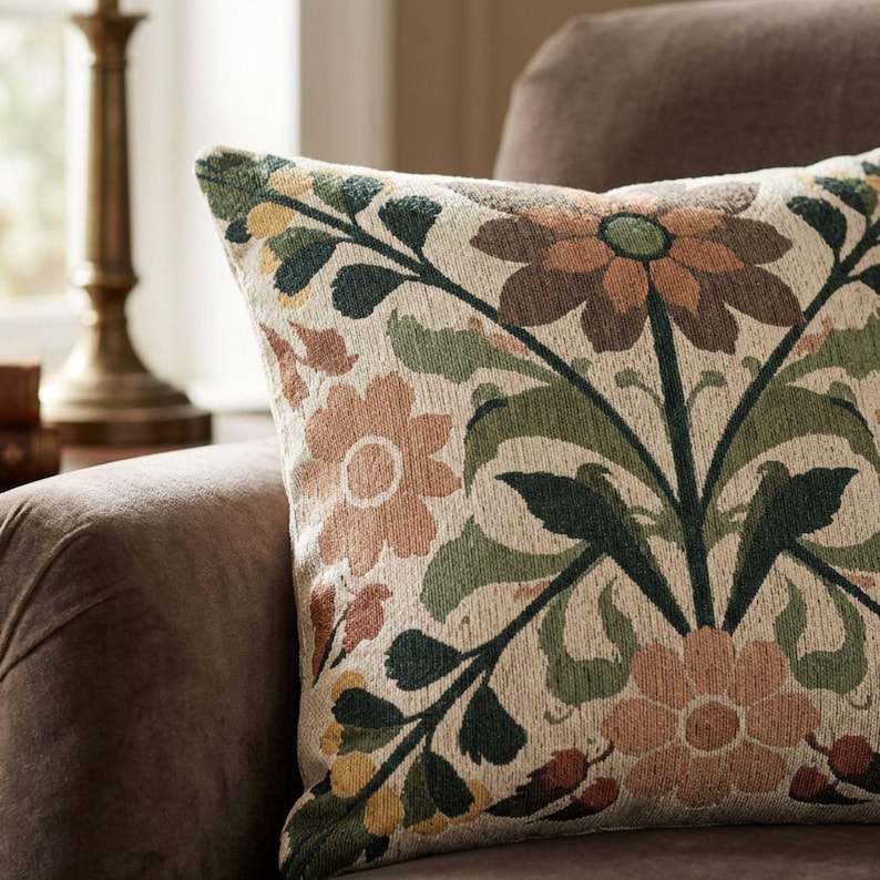 May include: A square throw pillow featuring a woven floral pattern in shades of muted orange, sage green, and dark forest green against a cream-colored background. The design displays stylized flowers and leafy stems in a symmetrical arrangement.