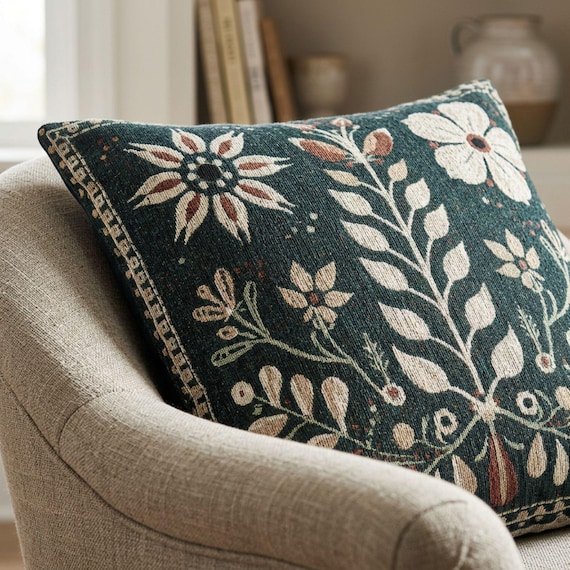 Scandinavian Folk Art Woven Couch Cushion, Woven Nordic Floral Tapestry Pillow, Swedish Folk Decor, Cottagecore Flower Pillow