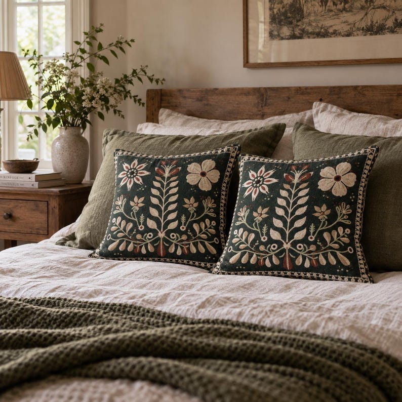 May include: Two square throw pillows featuring dark green fabric with cream and rust-colored floral and botanical embroidery. The pillows have a decorative stitched border and are placed on a bed with a light-colored duvet and green blanket.
