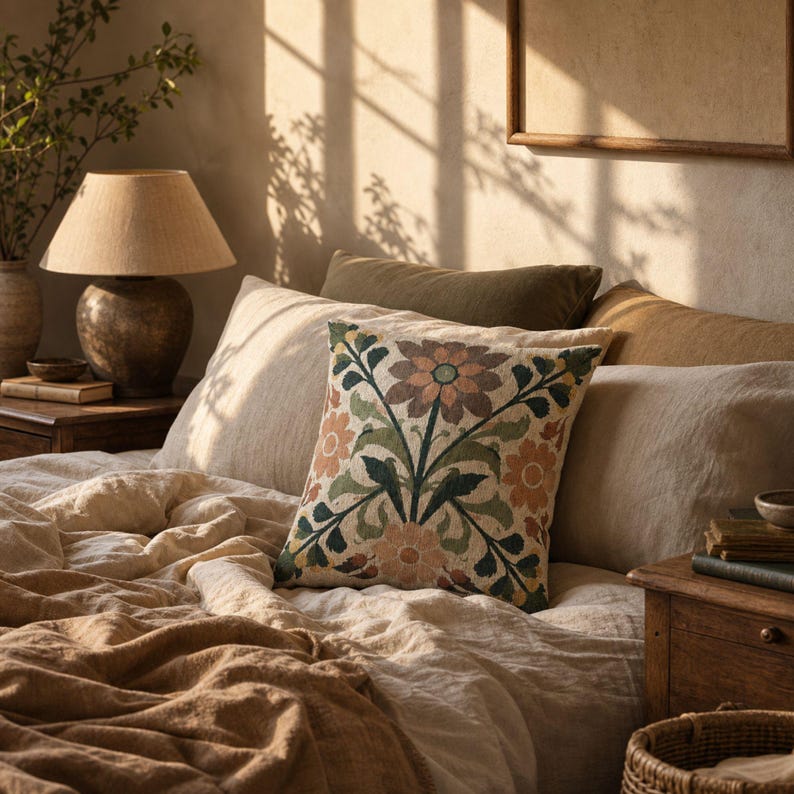 May include: A square throw pillow featuring a symmetrical floral pattern in muted shades of orange, green, and cream. The design consists of stylized flowers and leafy stems centered on a light-colored fabric, placed among other pillows on a bed.