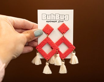 Polymer Clay Large Red Geometric Tassel Earrings