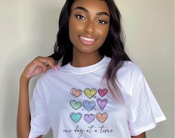 One Day At A Time, Jersey Short Sleeve Tee, Colorful Heart Shirt, Mental Health Tee, Teacher Shirt