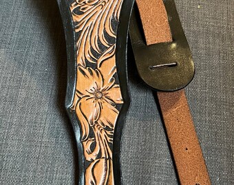 Handmade Leather Guitar Strap with Hand Tooled Floral Design