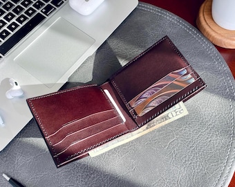 Handmade Buttero Leather Bifold Wallet for Men, Slim Minimalist, Hand Stitched USA Made