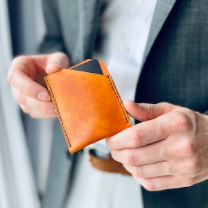 Ahora en existencia, billetera de cuero para tarjetas, billetera delgada de cuero para tarjetas, billetera con funda para tarjetas, billetera para hombre cosida a mano, regalo para hombres, para él
