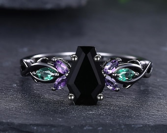 Gothic Coffin Shaped Black Onyx Engagement Ring Black Gold Amethyst & Emerald Leaf Wedding Band Bridal Promise Rings Antique Ring for Her