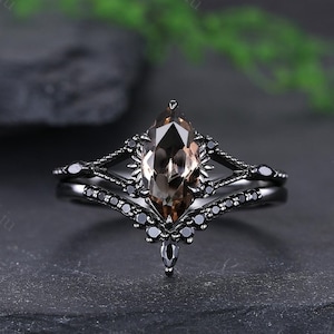 Vintage Smoky Quartz Engagement Ring Black Gold Marquise Brown Quartz Ring Unique 2pc Art Deco Wedding Ring Set Personalized Gift for Her