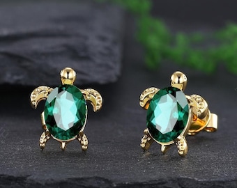 14K Yellow Gold Emerald Earrings Turtle Earrings Emerald Stud Earring Dainty Earrings May Birthstone Earrings Exquisite Jewelry for Her