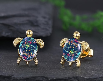 14k Black Opal Stud Earrings Turtle Earrings Fire Opal Earrings Minimalist Opal Stud Erring October Birthstone Jewelry Anniversary Gifts