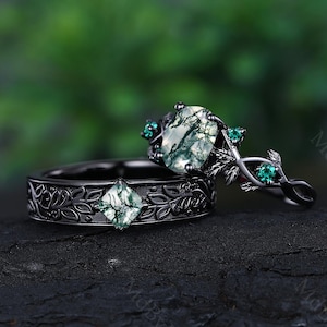Vintage Moss Agate Couple Rings, Nature-inspired Leaf Women's Ring, Moss Agate Engagement Ring, Anniversary Gift for Couple, Handmade Ring