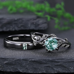 Ensemble de bagues de mariage en agate mousse pour elle et lui alliances pour couple bagues de promesse pour couple bague de fiançailles en agate mousse