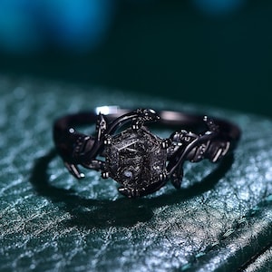 Vintage Black Rutilated Quartz Engagement Ring Set,Black Gold Ring,Hexagon Cut Bridal Ring,Art Deco Black Quartz Matching Band,Promise Gift