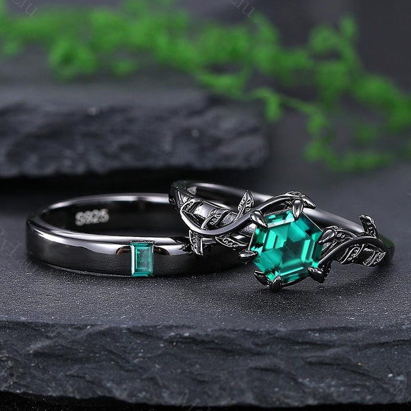 Vintage hexagon emerald matching couple rings his and hers wedding ring set promise engagement ring emerald ring for women handmade gift