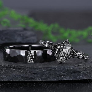 Anillos de pareja de cuarzo rutilado negro gótico, anillos de compromiso de cuarzo rutilado, anillo de boda gótico, anillos de promesa para parejas, regalo para ella