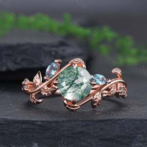 Ensemble de bagues de fiançailles rondes en alexandrite vintage, alliances inspirées de la nature, bague de promesse deux pièces en agate mousse, cadeaux d&#39;anniversaire, bague feuille
