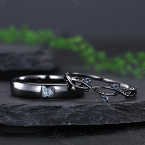 Anillos de pareja de princesa alejandrita, anillo de compromiso a juego para parejas, alianza de boda para él y para ella, anillo de compromiso vintage inspirado en la naturaleza